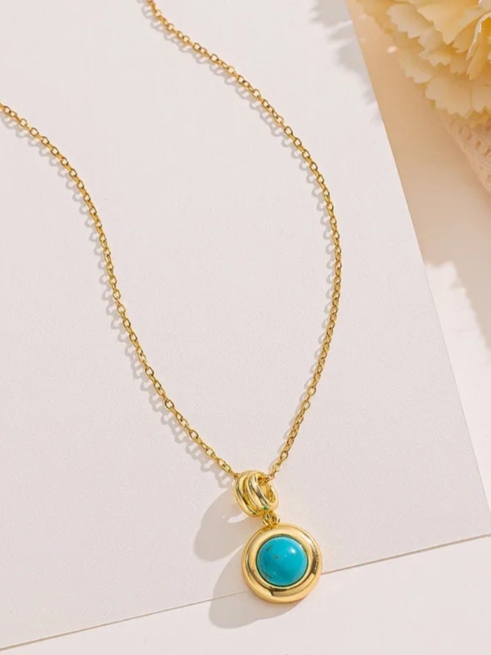 Gold Necklace with Turquoise Disc Pendant